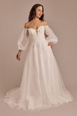 Melissa Sweet Plunge Neckline Billow Sleeve Wedding Dress